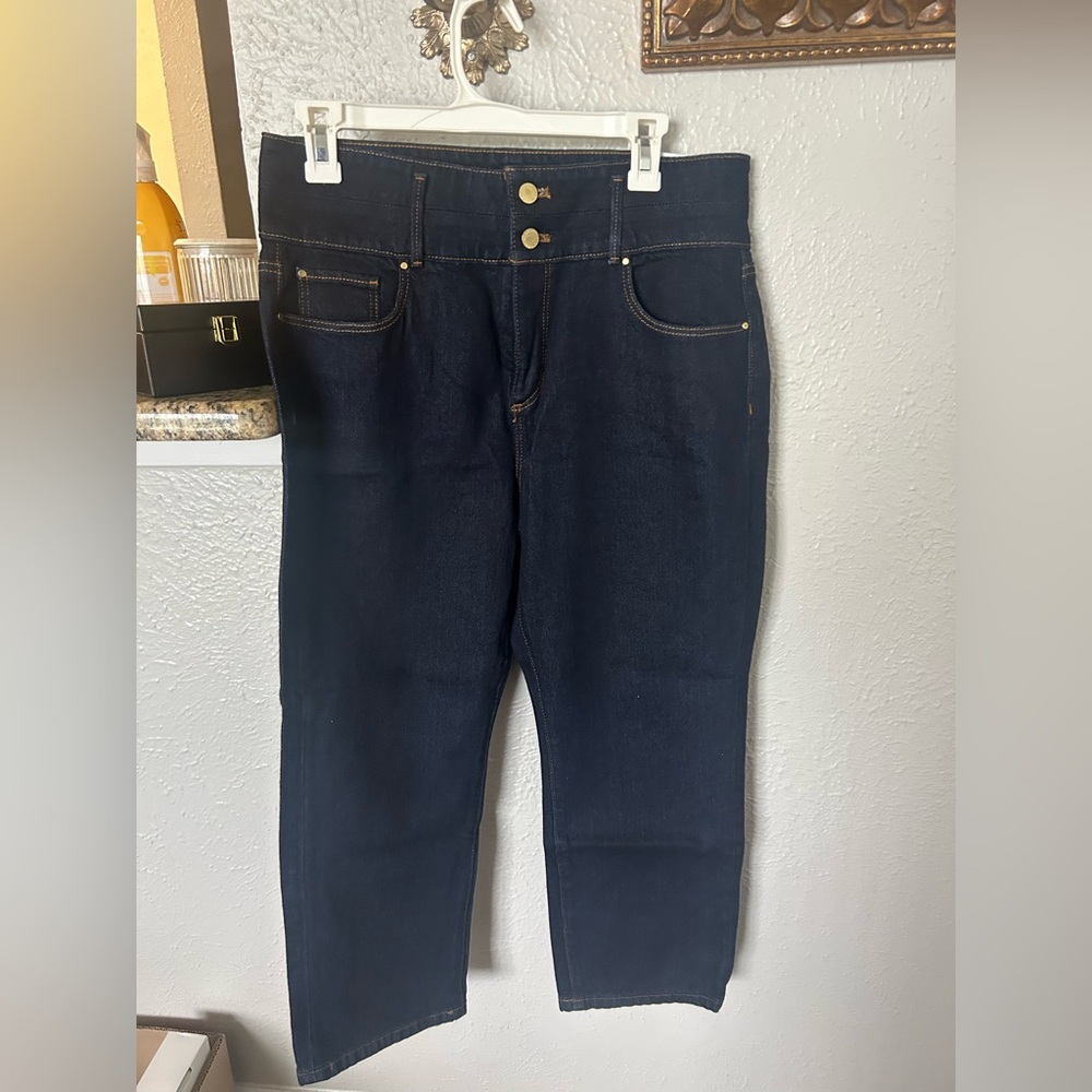 Ann Taylor Straight Crop Blue Denim Jeans High Rise Dark Wash